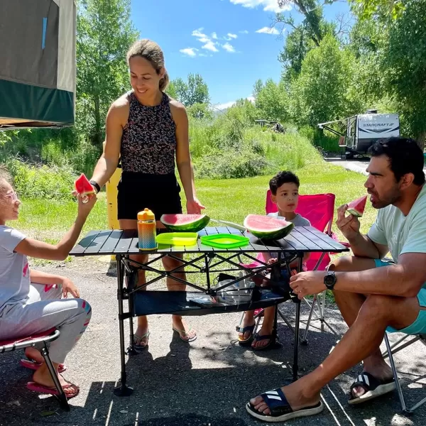 LETS CAMP Folding Camping Table Portable Aluminum Rollup Picnic Backpacking Table with Adjustable Height Large Storage and Carrying Bag for Picnic Camping BBQ Party Backyard Beach