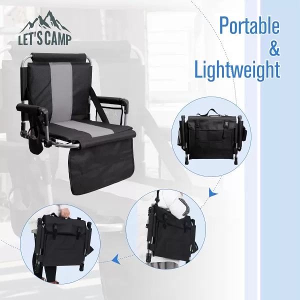 LETS CAMP Folding Stadium Seat Bleacher Chair with Cup Holder Mesh Bag and Hide Hooks Portable Stadium Chair with Back and CushionBlack Grey  2 Pcs