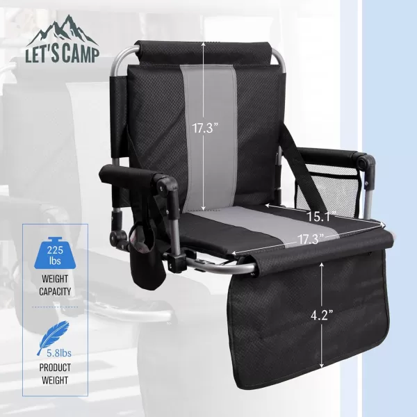 LETS CAMP Folding Stadium Seat Bleacher Chair with Cup Holder Mesh Bag and Hide Hooks Portable Stadium Chair with Back and CushionBlack Grey  2 Pcs