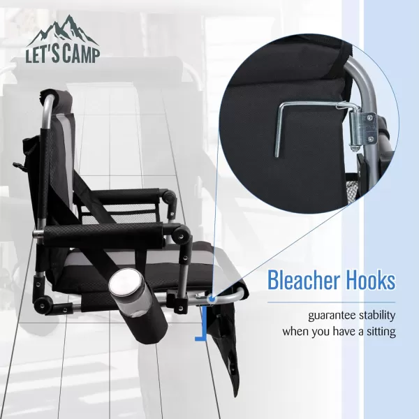 LETS CAMP Folding Stadium Seat Bleacher Chair with Cup Holder Mesh Bag and Hide Hooks Portable Stadium Chair with Back and CushionBlack Grey  2 Pcs