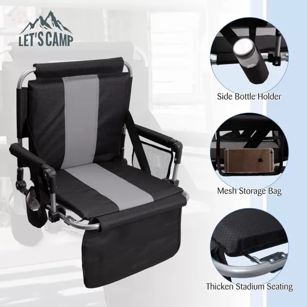 LETS CAMP Folding Stadium Seat Bleacher Chair with Cup Holder Mesh Bag and Hide Hooks Portable Stadium Chair with Back and CushionBlack Grey  2 Pcs