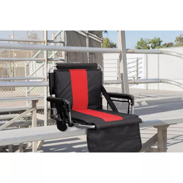 LETS CAMP Folding Stadium Seat Bleacher Chair with Cup Holder Mesh Bag and Hide Hooks Portable Stadium Chair with Back and CushionBlack Red