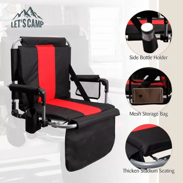 LETS CAMP Folding Stadium Seat Bleacher Chair with Cup Holder Mesh Bag and Hide Hooks Portable Stadium Chair with Back and CushionBlack Red