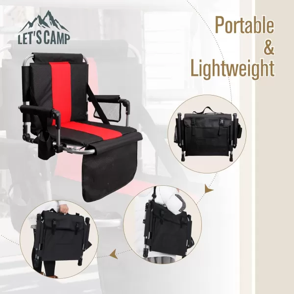 LETS CAMP Folding Stadium Seat Bleacher Chair with Cup Holder Mesh Bag and Hide Hooks Portable Stadium Chair with Back and CushionBlack Red