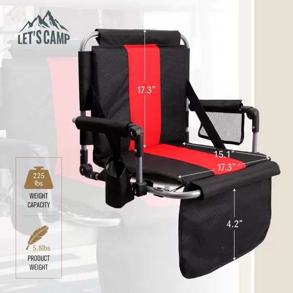 LETS CAMP Folding Stadium Seat Bleacher Chair with Cup Holder Mesh Bag and Hide Hooks Portable Stadium Chair with Back and CushionBlack Red