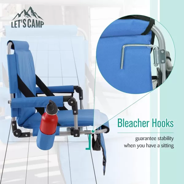 LETS CAMP Folding Stadium Seat Bleacher Chair with Cup Holder Mesh Bag and Hide Hooks Portable Stadium Chair with Back and CushionBlue