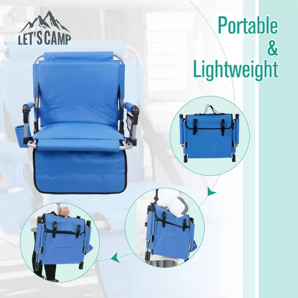 LETS CAMP Folding Stadium Seat Bleacher Chair with Cup Holder Mesh Bag and Hide Hooks Portable Stadium Chair with Back and CushionBlue