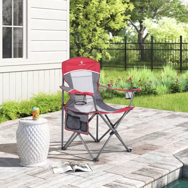 LETS CAMP Mesh Back Camping Chair Portable Folding Heavy Duty Outdoor Chair Support 330 LBS Durable Large Arm Chair with Cup Holder and Carry Bag for Camp Fishing HikingRed
