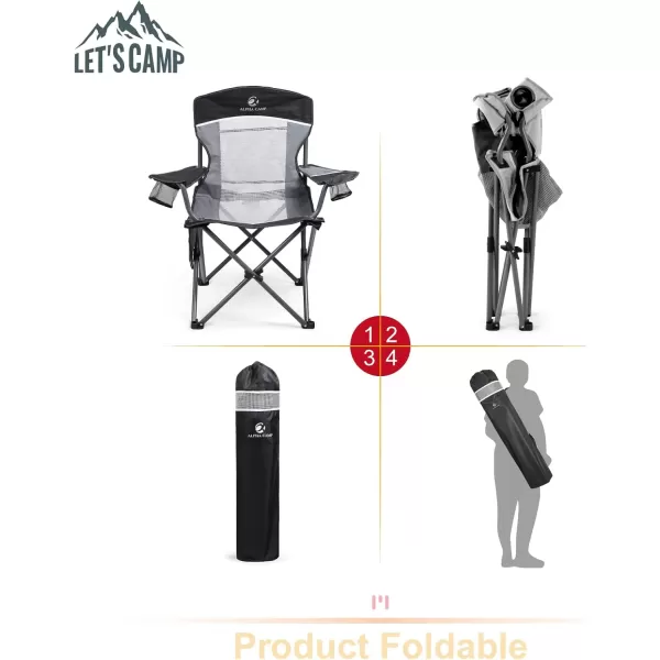 LETS CAMP Mesh Back Camping Chair Portable Folding Heavy Duty Outdoor Chair Support 330 LBS Durable Large Arm Chair with Cup Holder and Carry Bag for Camp Fishing HikingBlack