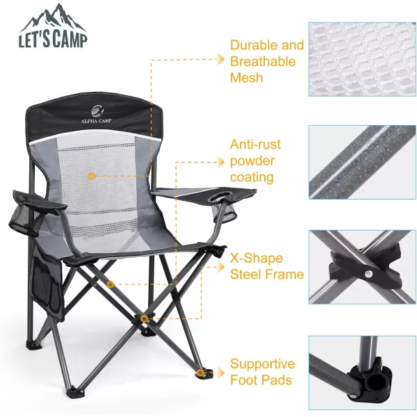 LETS CAMP Mesh Back Camping Chair Portable Folding Heavy Duty Outdoor Chair Support 330 LBS Durable Large Arm Chair with Cup Holder and Carry Bag for Camp Fishing HikingBlack