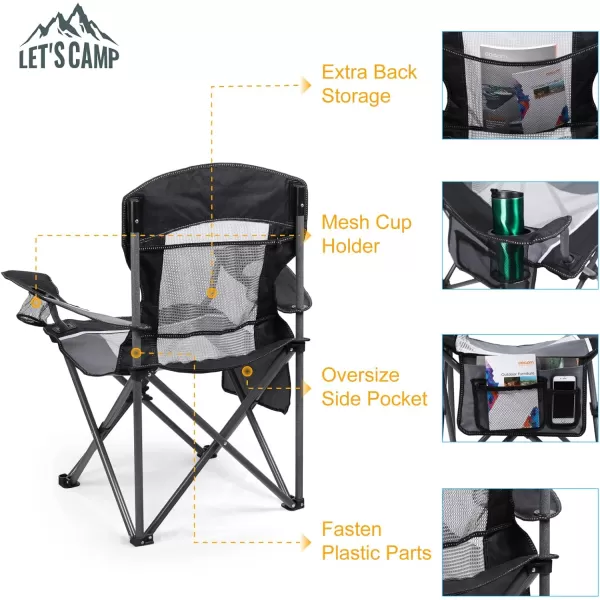 LETS CAMP Mesh Back Camping Chair Portable Folding Heavy Duty Outdoor Chair Support 330 LBS Durable Large Arm Chair with Cup Holder and Carry Bag for Camp Fishing HikingBlack