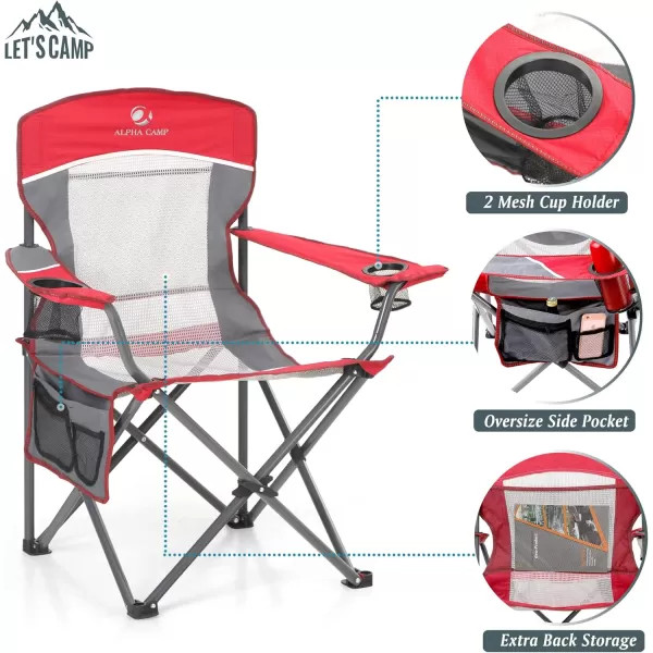 LETS CAMP Mesh Back Camping Chair Portable Folding Heavy Duty Outdoor Chair Support 330 LBS Durable Large Arm Chair with Cup Holder and Carry Bag for Camp Fishing HikingRed