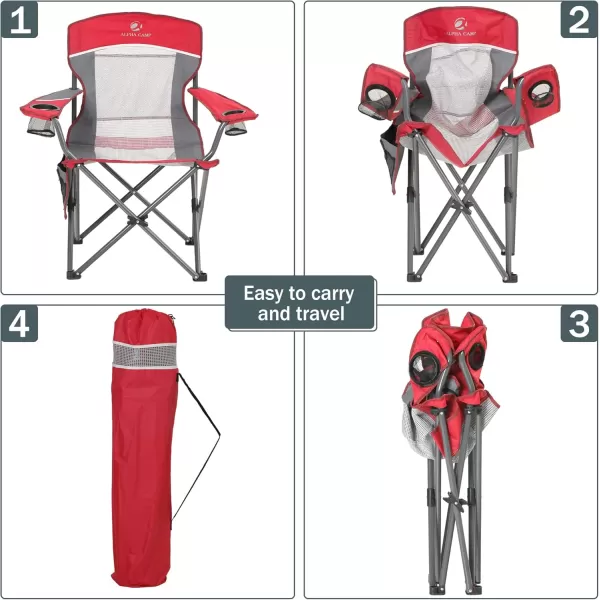 LETS CAMP Mesh Back Camping Chair Portable Folding Heavy Duty Outdoor Chair Support 330 LBS Durable Large Arm Chair with Cup Holder and Carry Bag for Camp Fishing HikingRed