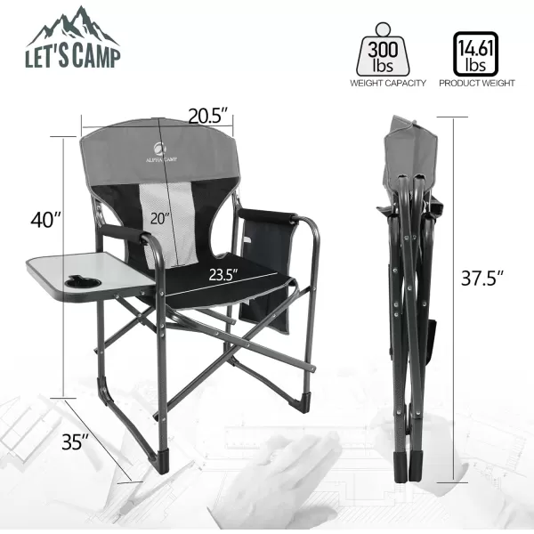 LETS CAMP Oversized Folding Director Chair Outdoor Camping Chair with Side Table and Pocket for Picnic Hiking Fishing Heavy Duty Supports 300 LBSBlack