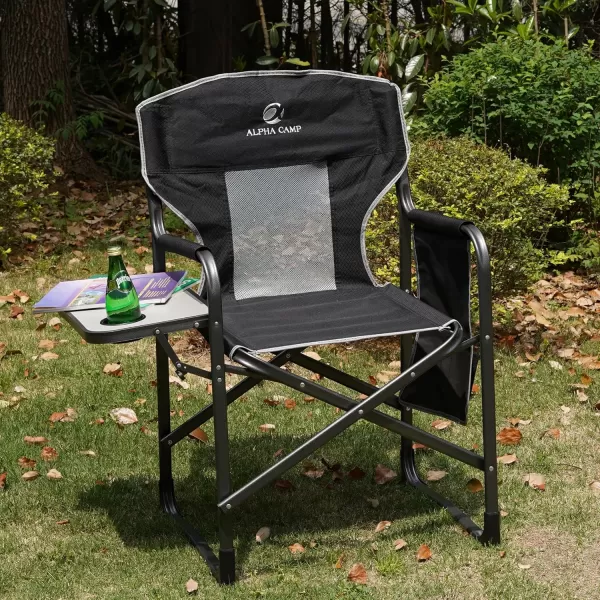 LETS CAMP Oversized Folding Director Chair Outdoor Camping Chair with Side Table and Pocket for Picnic Hiking Fishing Heavy Duty Supports 300 LBSBlack
