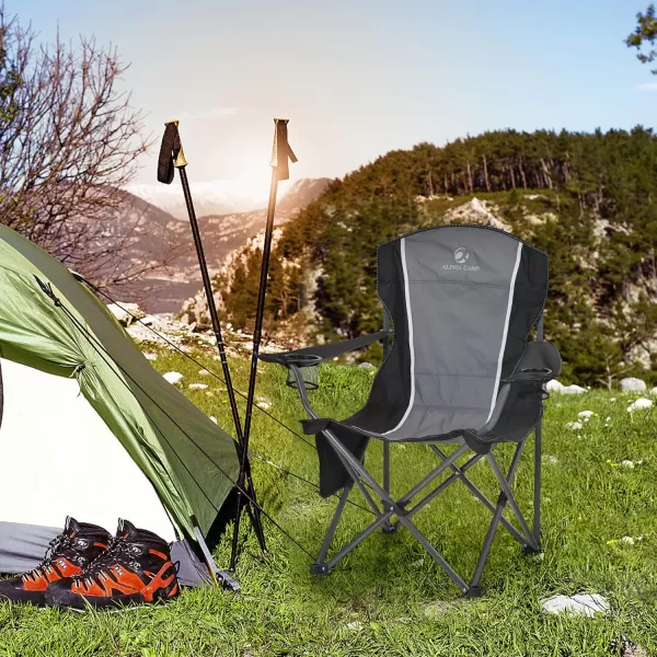 LETS CAMP Oversized Outdoor Folding Camping Chair Heavy Duty Arm Chair with Cup Holder and Storage Bag 350 LBS Weight Capacity BlueBlack Grey