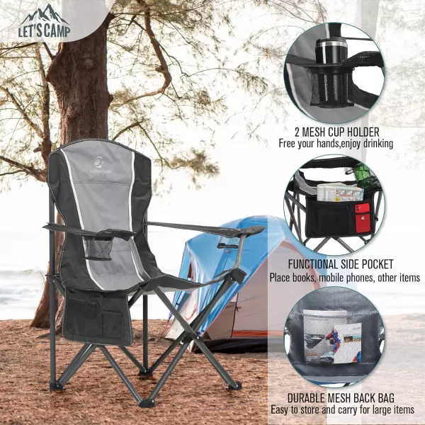 LETS CAMP Oversized Outdoor Folding Camping Chair Heavy Duty Arm Chair with Cup Holder and Storage Bag 350 LBS Weight Capacity BlueBlack Grey