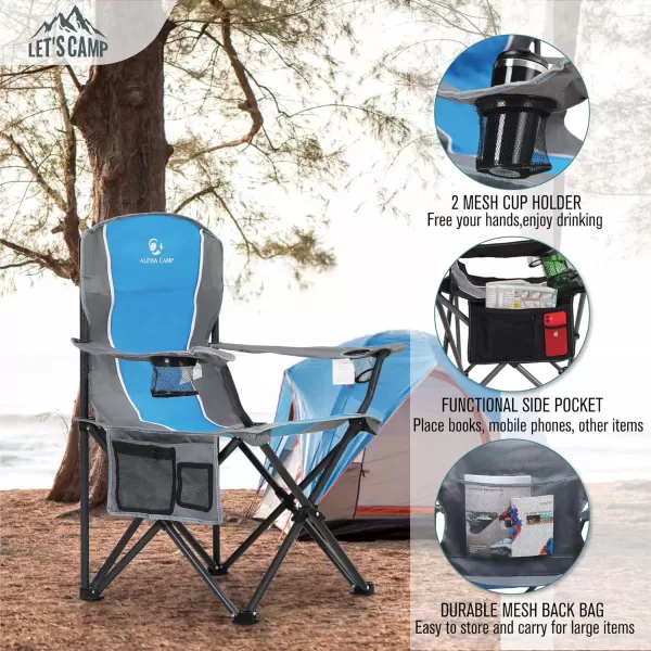 LETS CAMP Oversized Outdoor Folding Camping Chair Heavy Duty Arm Chair with Cup Holder and Storage Bag 350 LBS Weight Capacity BlueBlue Grey