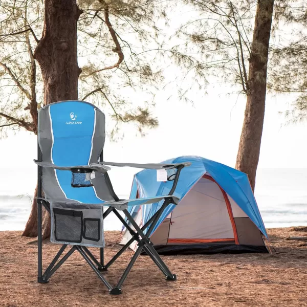 LETS CAMP Oversized Outdoor Folding Camping Chair Heavy Duty Arm Chair with Cup Holder and Storage Bag 350 LBS Weight Capacity BlueBlue Grey