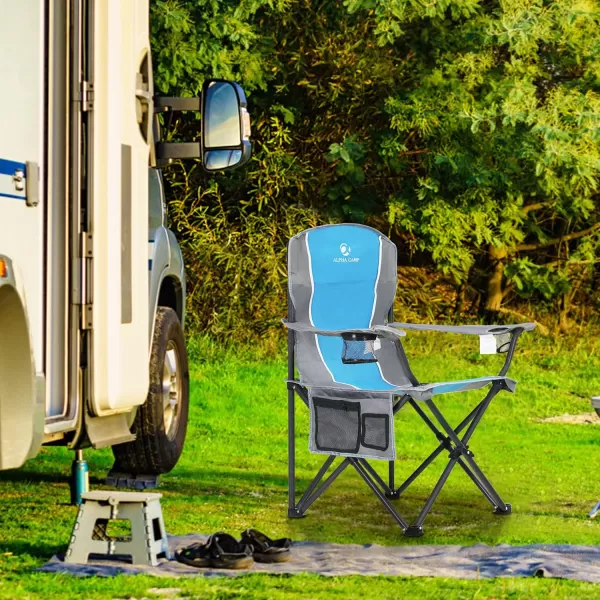 LETS CAMP Oversized Outdoor Folding Camping Chair Heavy Duty Arm Chair with Cup Holder and Storage Bag 350 LBS Weight Capacity BlueBlue Grey