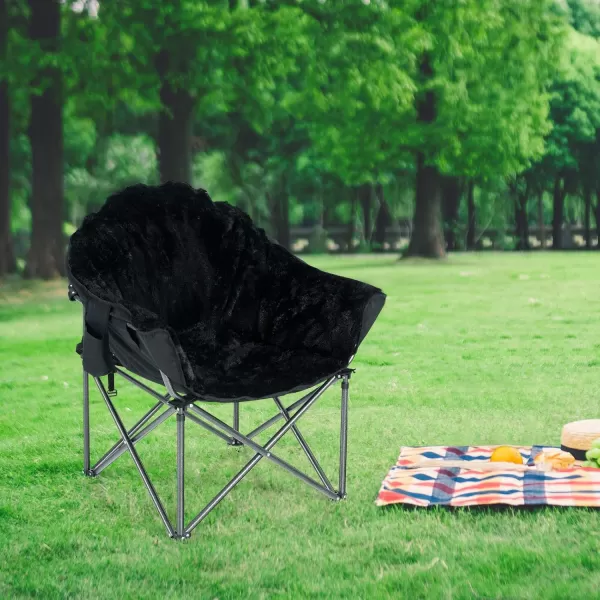 LETS CAMP Portable Camping Chair Oversize Moon Round Saucer Chair Outdoor Folding Chair with Cup Holder and Carry BagBlack