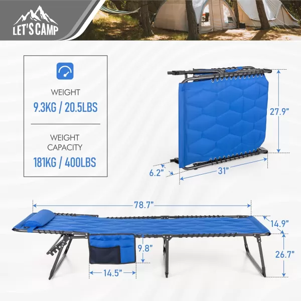 LETS CAMP Portable Folding Reclining Lounger Camping Cot Adjustable 5Position Lightweight with Pillow Pocket for Sleeping Reclining Outdoor Travel Adult Garden Navy BlueBluethickened Style
