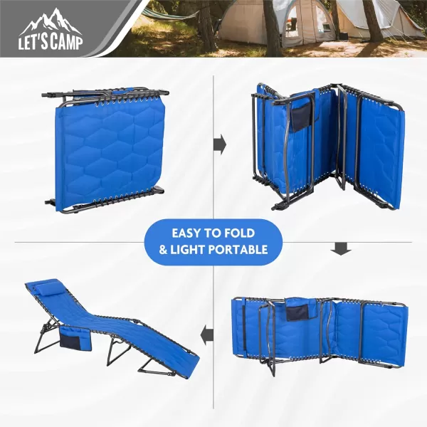 LETS CAMP Portable Folding Reclining Lounger Camping Cot Adjustable 5Position Lightweight with Pillow Pocket for Sleeping Reclining Outdoor Travel Adult Garden Navy BlueBluethickened Style