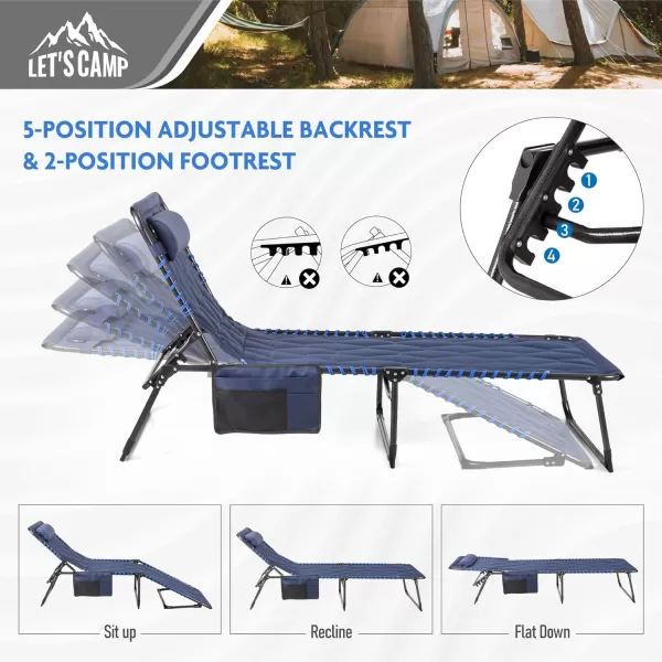 LETS CAMP Portable Folding Reclining Lounger Camping Cot Adjustable 5Position Lightweight with Pillow Pocket for Sleeping Reclining Outdoor Travel Adult Garden Navy BlueNavy Bluethickened Style