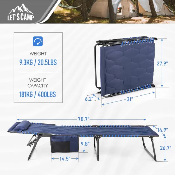 LETS CAMP Portable Folding Reclining Lounger Camping Cot Adjustable 5Position Lightweight with Pillow Pocket for Sleeping Reclining Outdoor Travel Adult Garden Navy BlueNavy Bluethickened Style