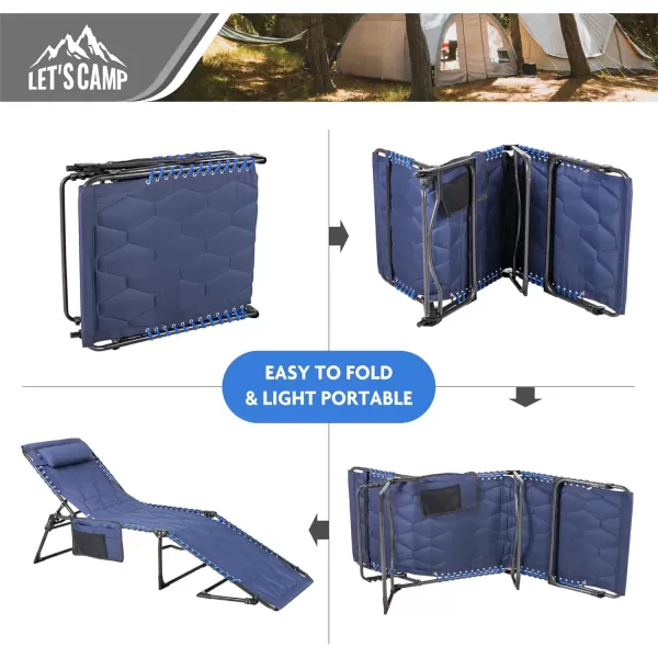 LETS CAMP Portable Folding Reclining Lounger Camping Cot Adjustable 5Position Lightweight with Pillow Pocket for Sleeping Reclining Outdoor Travel Adult Garden Navy BlueNavy Bluethickened Style