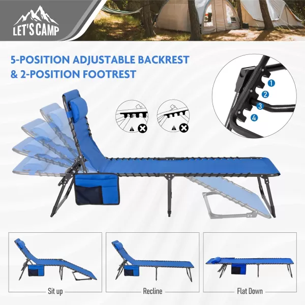 LETS CAMP Portable Folding Reclining Lounger Camping Cot Adjustable 5Position Lightweight with Pillow Pocket for Sleeping Reclining Outdoor Travel Adult Garden Navy BlueBlue