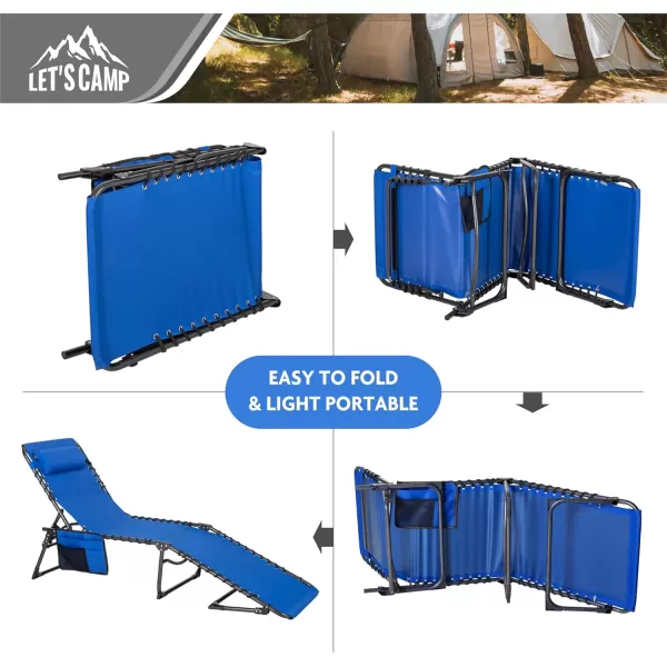 LETS CAMP Portable Folding Reclining Lounger Camping Cot Adjustable 5Position Lightweight with Pillow Pocket for Sleeping Reclining Outdoor Travel Adult Garden Navy BlueBlue