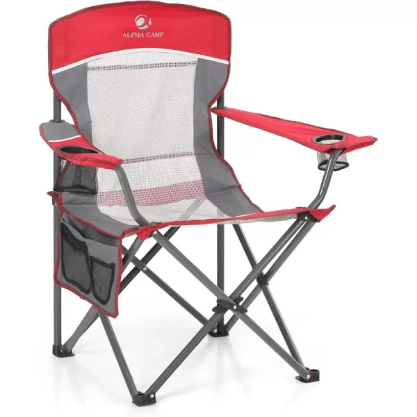 LETS CAMP Mesh Back Camping Chair Portable Folding Heavy Duty Outdoor Chair Support 330 LBS Durable Large Arm Chair with Cup Holder and Carry Bag for Camp Fishing HikingRed