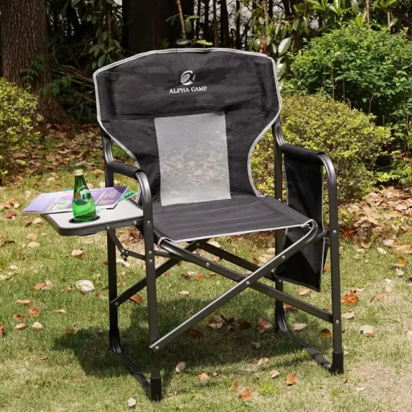 LETS CAMP Oversized Folding Director Chair Outdoor Camping Chair with Side Table and Pocket for Picnic Hiking Fishing Heavy Duty Supports 300 LBSBlack