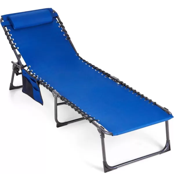 LETS CAMP Portable Folding Reclining Lounger Camping Cot Adjustable 5Position Lightweight with Pillow Pocket for Sleeping Reclining Outdoor Travel Adult Garden Navy BlueBlue