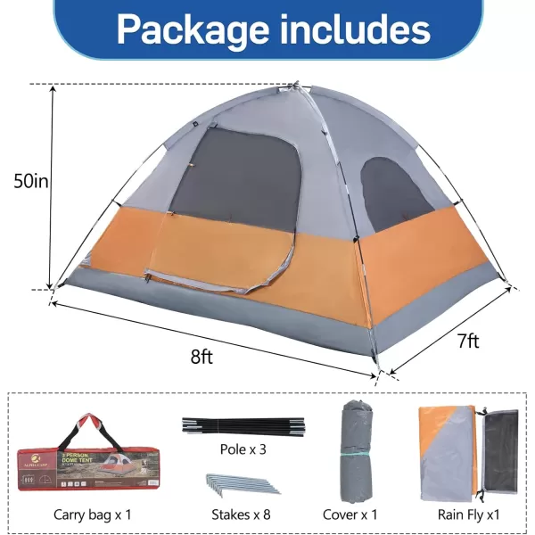 LETS CAMP 3 Person Backpacking TentPortable Lightweight Waterproof Windproof Easy Setup Backpacking TentGreat for Camping Hiking MountaineeringBlueOrange Grey