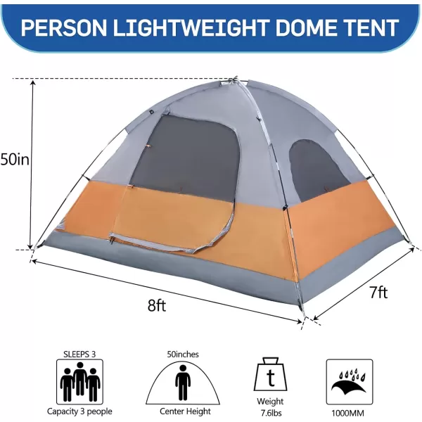 LETS CAMP 3 Person Backpacking TentPortable Lightweight Waterproof Windproof Easy Setup Backpacking TentGreat for Camping Hiking MountaineeringBlueOrange Grey