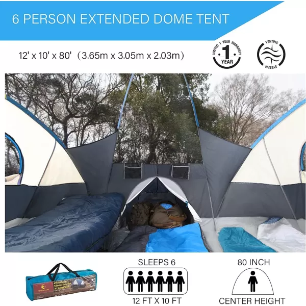 LETS CAMP 6 Person Extended Dome Tent 12quot x 10quot with Removable Rain Fly for Camping Hiking Outdoor