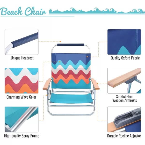 LETS CAMP Beach Chairs Lightweight Folding 3 Position Portable Camping Chairs with Wooden Armrests Set of 2Wave4 Position