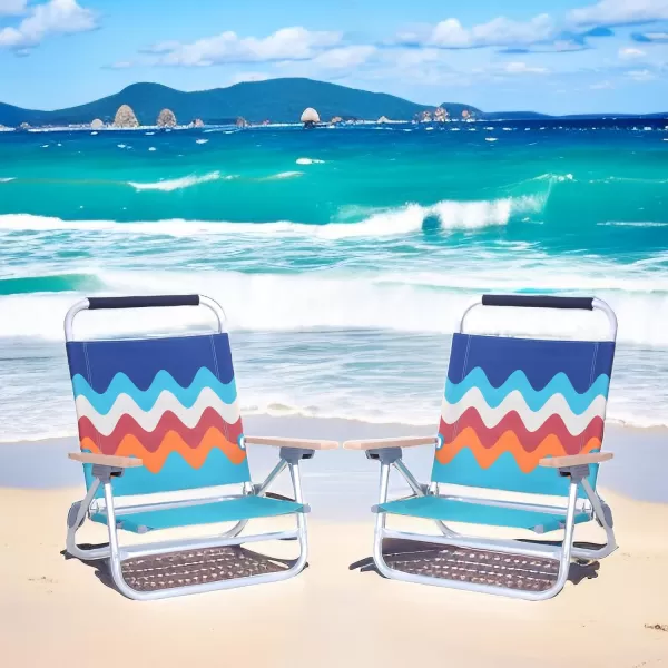 LETS CAMP Beach Chairs Lightweight Folding 3 Position Portable Camping Chairs with Wooden Armrests Set of 2Wave4 Position