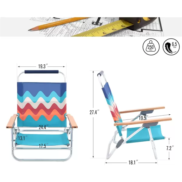LETS CAMP Beach Chairs Lightweight Folding 3 Position Portable Camping Chairs with Wooden Armrests Set of 2Wave4 Position
