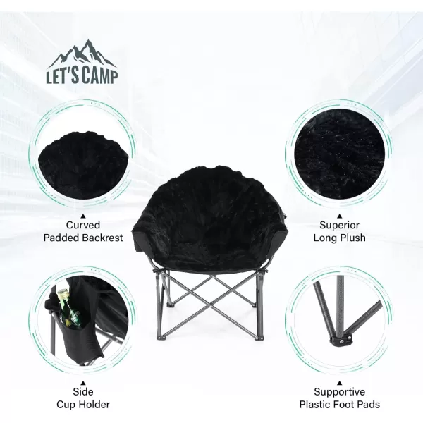 LETS CAMP Portable Camping Chair Oversize Moon Round Saucer Chair Outdoor Folding Chair with Cup Holder and Carry BagBlack