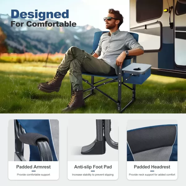 imageLETS CAMP Oversized Reclining Director Chair 437quot High Back with Side TableHeavy Duty Camping Chair for AdultsSupports Up to 300lbsNavy