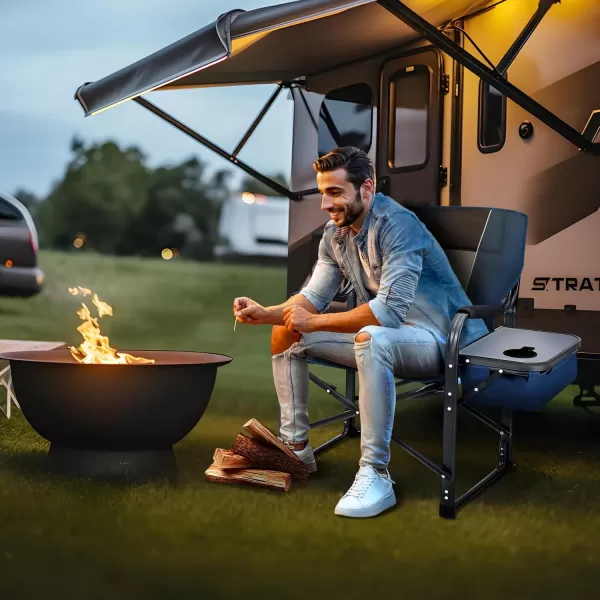 imageLETS CAMP Oversized Reclining Director Chair 437quot High Back with Side TableHeavy Duty Camping Chair for AdultsSupports Up to 300lbsNavy