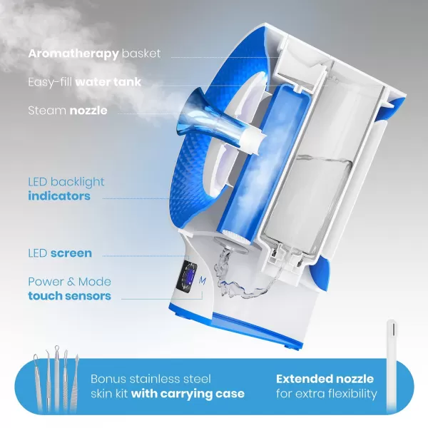 NanoSteamer Clinical  10in1 Smart Steam Dermatologist Grade Ionic Facial Steamer with 2 MultiPosition Steam Nozzles  Digital LCD Screen  Extraction Set  6 PreProgrammed Professional Modes