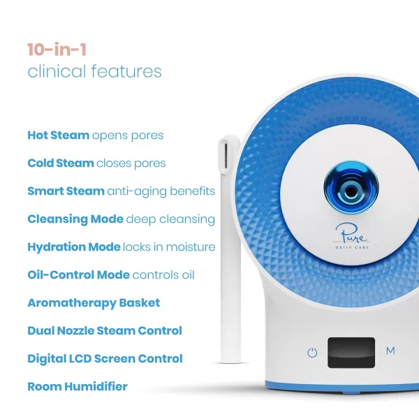 NanoSteamer Clinical  10in1 Smart Steam Dermatologist Grade Ionic Facial Steamer with 2 MultiPosition Steam Nozzles  Digital LCD Screen  Extraction Set  6 PreProgrammed Professional Modes