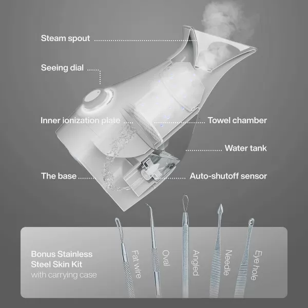 NanoSteamer Large 3in1 Nano Ionic Facial Steamer with Precise Temp Control  Humidifier  Unclogs Pores  Blackheads  Spa Quality  Bonus 5 Piece Stainless Steel Skin Kit TealSilver