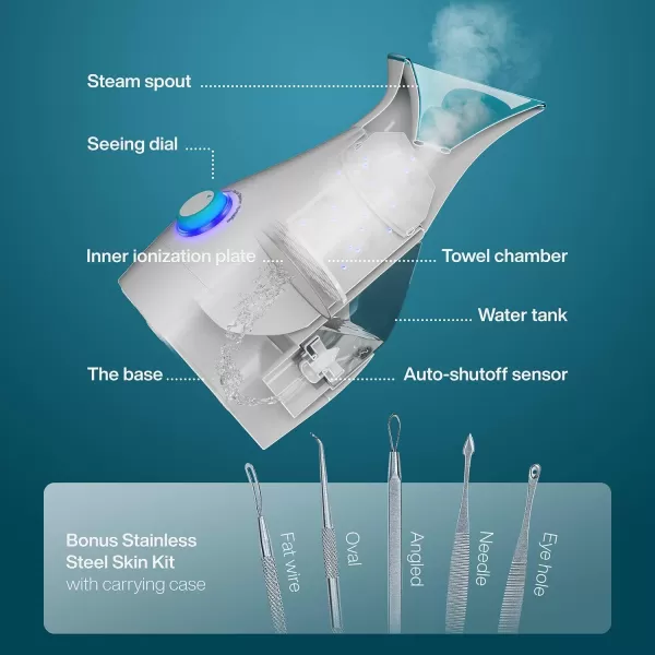 NanoSteamer Large 3in1 Nano Ionic Facial Steamer with Precise Temp Control  Humidifier  Unclogs Pores  Blackheads  Spa Quality  Bonus 5 Piece Stainless Steel Skin Kit TealTeal