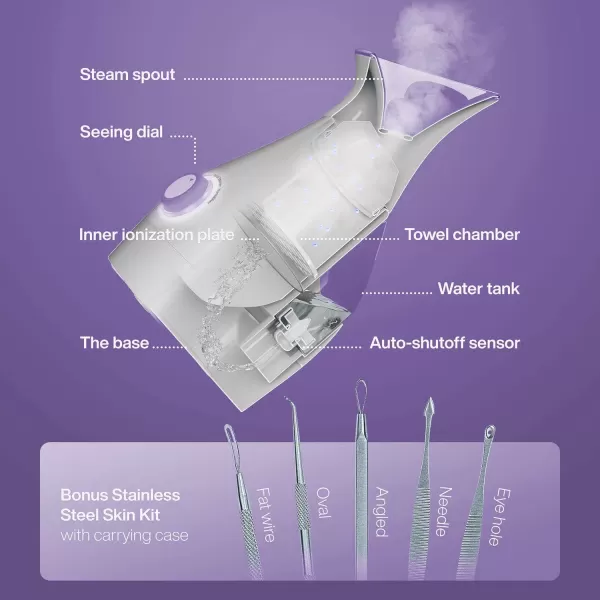 NanoSteamer Large 3in1 Nano Ionic Facial Steamer with Precise Temp Control  Humidifier  Unclogs Pores  Blackheads  Spa Quality  Bonus 5 Piece Stainless Steel Skin Kit TealLilac