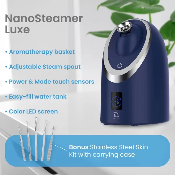NanoSteamer Luxe by Pure Daily Care in Navy  Ionic Facial Steamer with Smart Steam Technology  6 Steam Modes  Aromatherapy Basket  Digital LCD Screen  Hot Steam ampamp Cool Mist l Extraction SetNavy